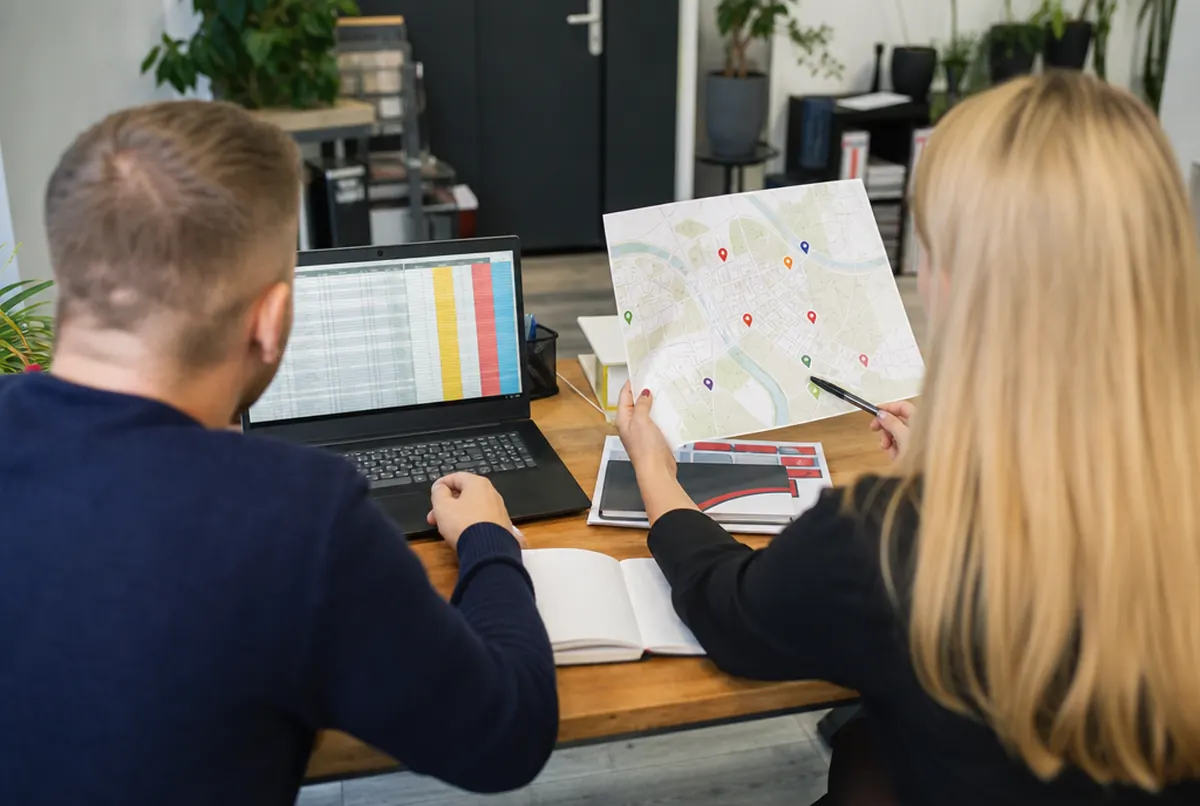 Dwie osoby planują rozmieszczenie tablic przy mapie i laptopie