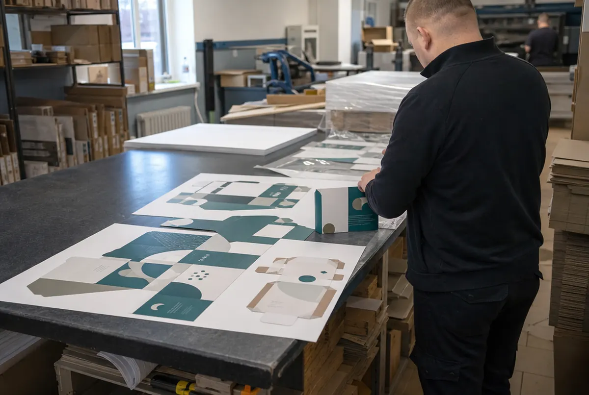 Planches de carton imprimées avec plusieurs poses de boîtes dans un atelier