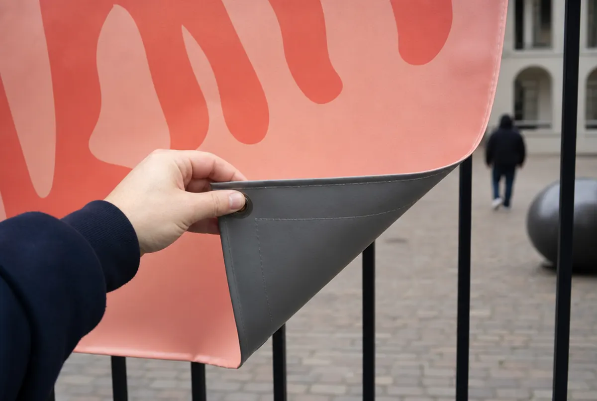 Ecke eines Airtex-Banners: matte Vorderseite, graue Rückseite und genähter Saum