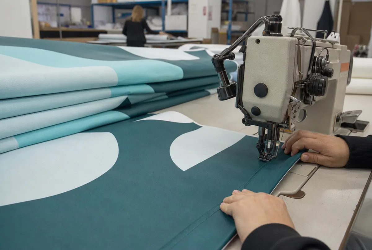 Säumen eines bedruckten Airtex-Textilbanners an einer Industrienähmaschine