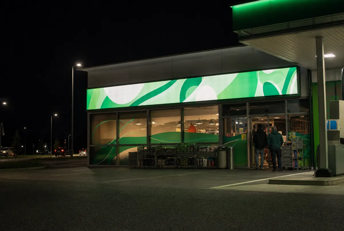 Large lightbox with a stretched backlit banner glowing evenly at night above a roadside shop