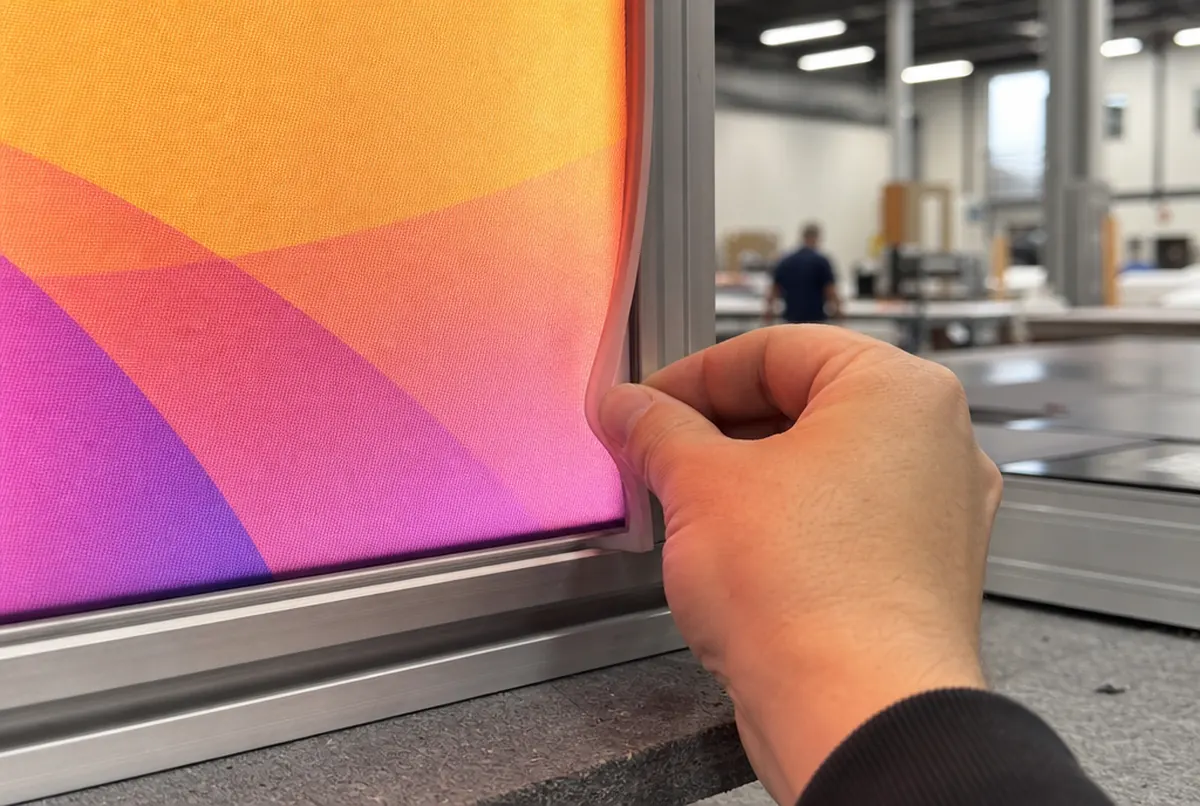 Hand pressing backlit fabric with a silicone edge into the profile groove, lit from behind
