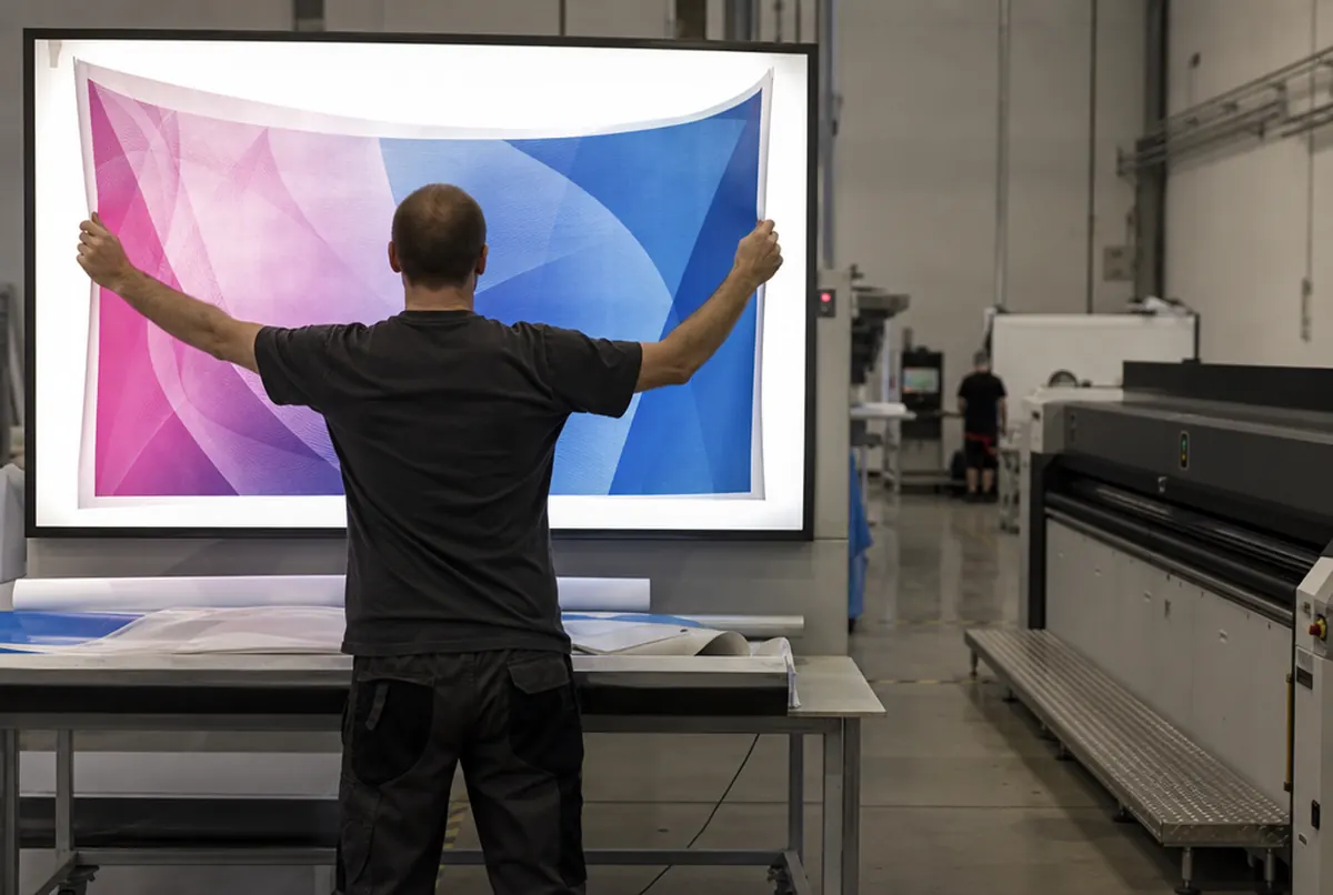 Checking the colour of a backlit banner on a light table in the print room