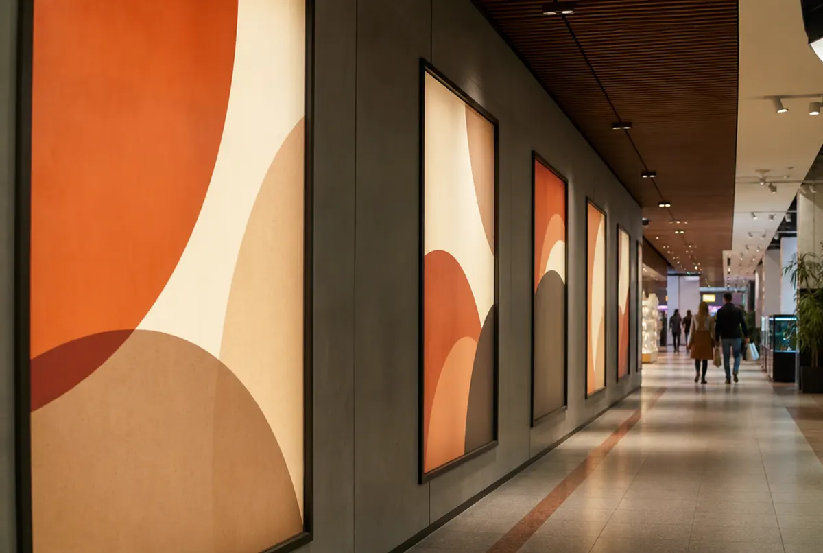 Wall of illuminated backlit graphics in warm tones in a shopping mall corridor