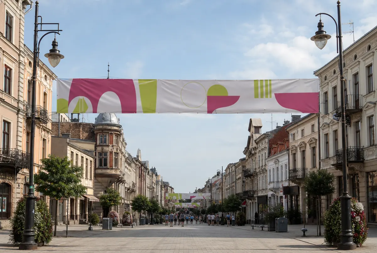 Bâche blockout double face tendue sur câbles au-dessus d'une rue du centre-ville
