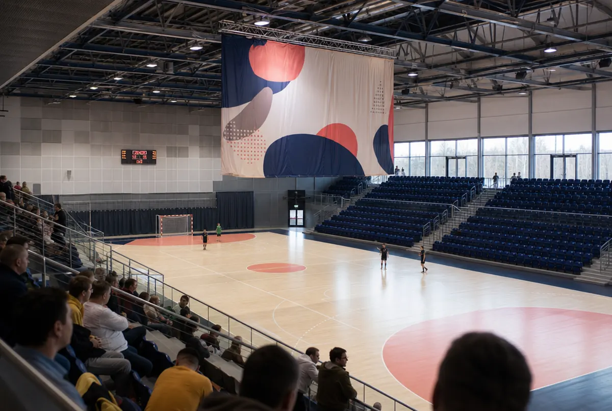 Bâche blockout suspendue au plafond d'un gymnase, visible des deux tribunes