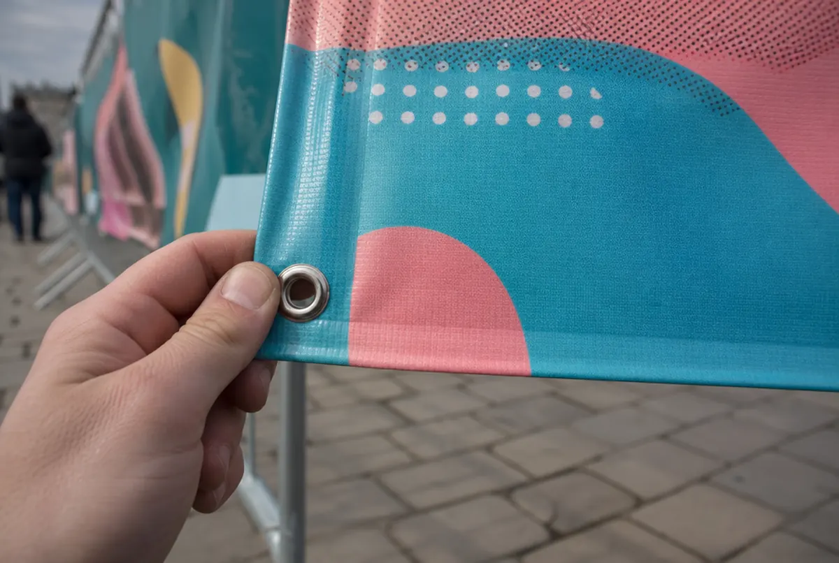 Close-up of a banner corner: welded hem, metal grommet and large-format print texture