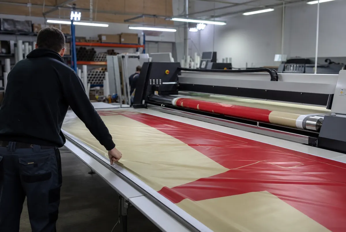 Wide-format printer printing a long PVC banner while a worker guides it on the table