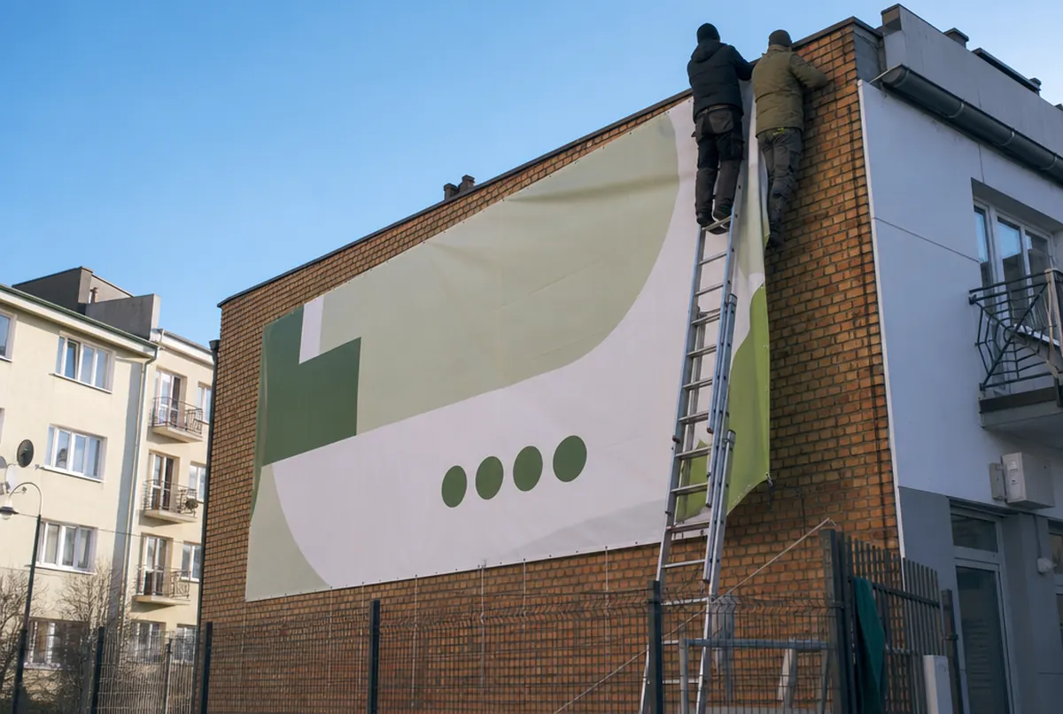 Large advertising banner hung on a brick building wall, two installers on a ladder