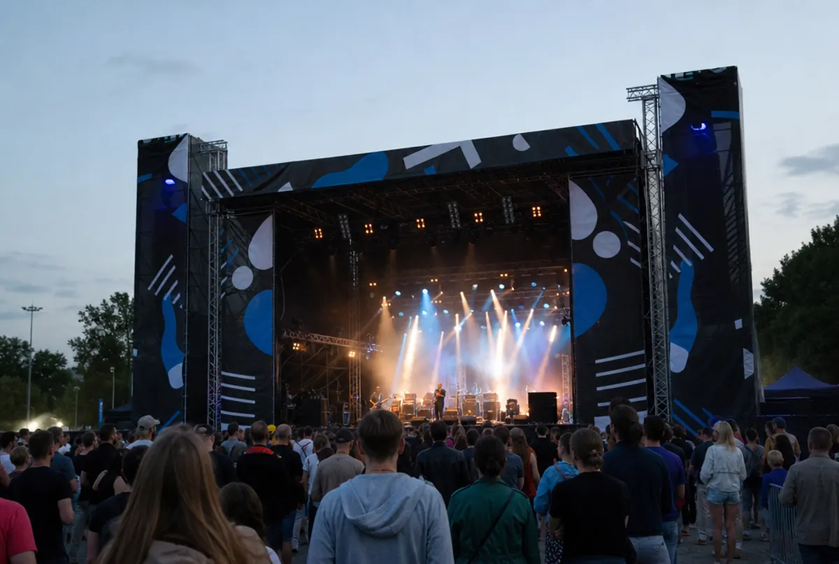 Lautsprechertürme an einer Open-Air-Bühne mit bedrucktem schwarzem Akustikmesh