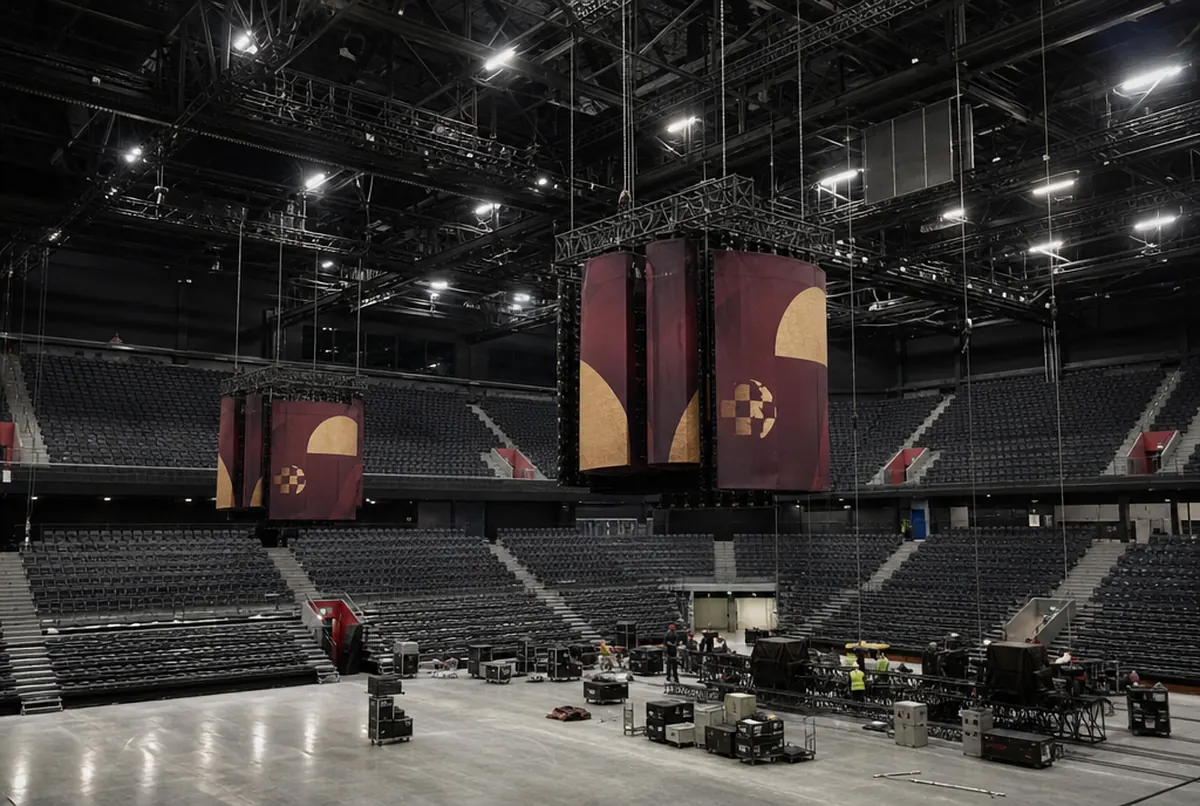 Hängende Lautsprecher in einer Arena mit bordeauxroten Akustikbannern vor einer Gala