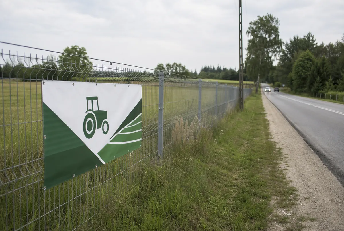 Banner fitted to one fence section by a busy road, farmland behind
