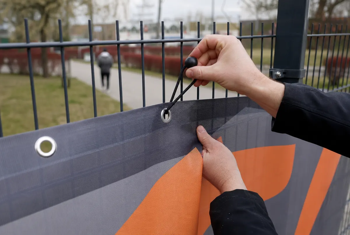 Hand fixing a banner to a panel fence with a ball bungee through the grommet