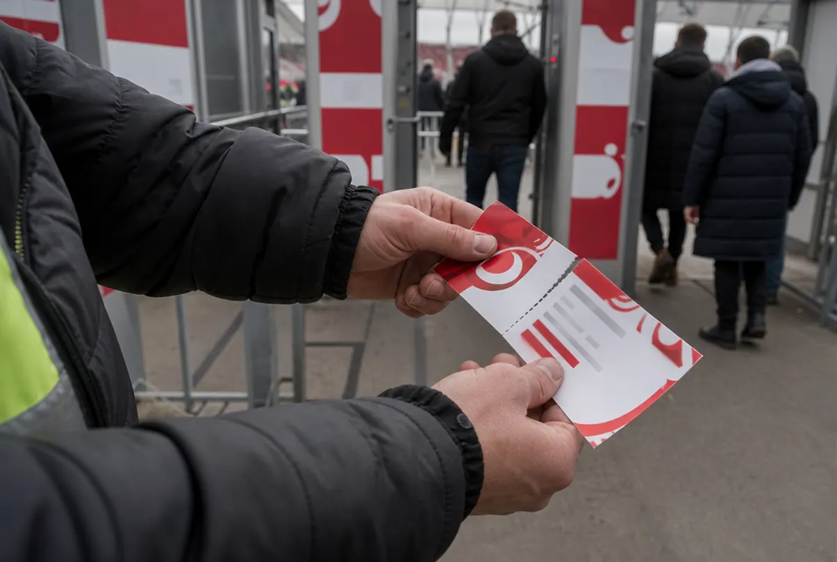 Abreißen des Kontrollabschnitts eines Spieltickets am Stadioneingang