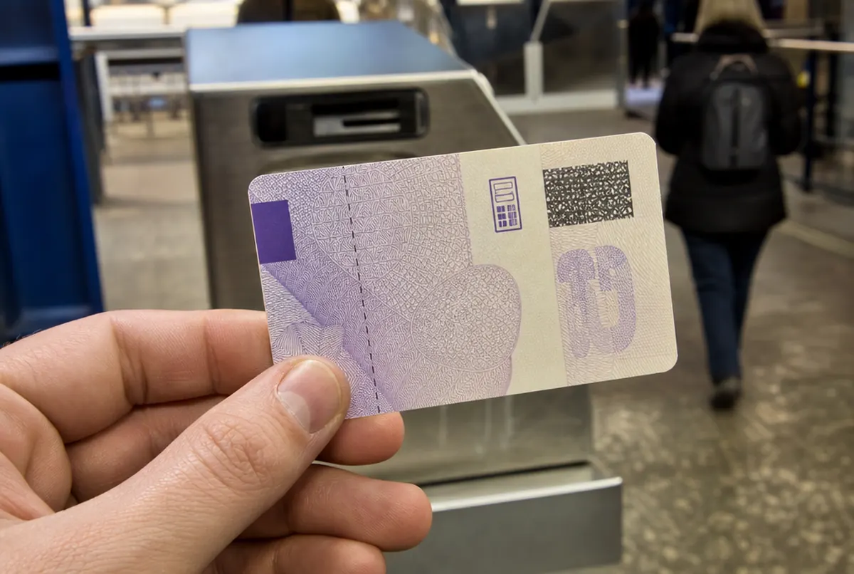 Nahaufnahme eines Tickets mit Perforation, Sicherheitsuntergrund und Code