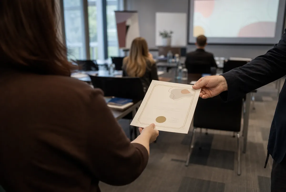 Übergabe eines A4-Zertifikats auf Feinpapier nach einer Schulung