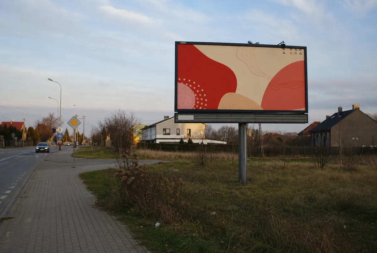 Plakatwand auf Stahlmast an einer Stadtrandstraße mit rot-cremefarbenem Motiv