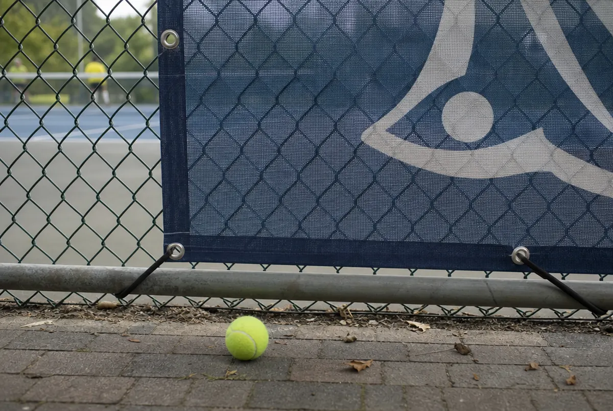 Marineblaue Mesh-Blende mit Kabelbindern am Platzzaun, daneben ein Tennisball