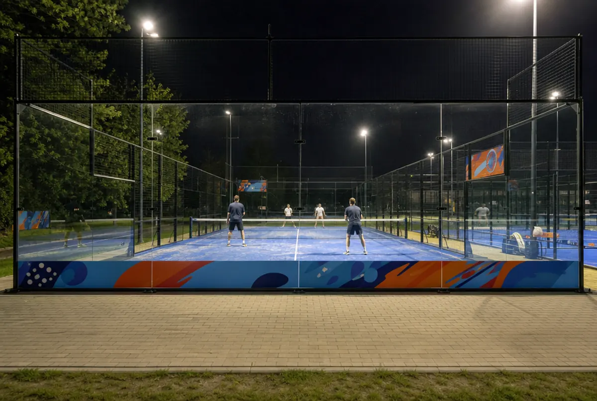 Werbebanden entlang der Grundlinie eines Padelplatzes am Abend