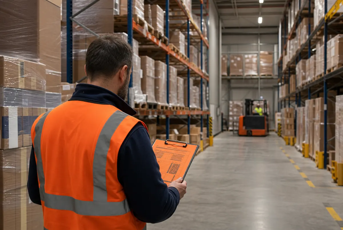 Warehouse worker with a printed clipboard checking pallets between racks