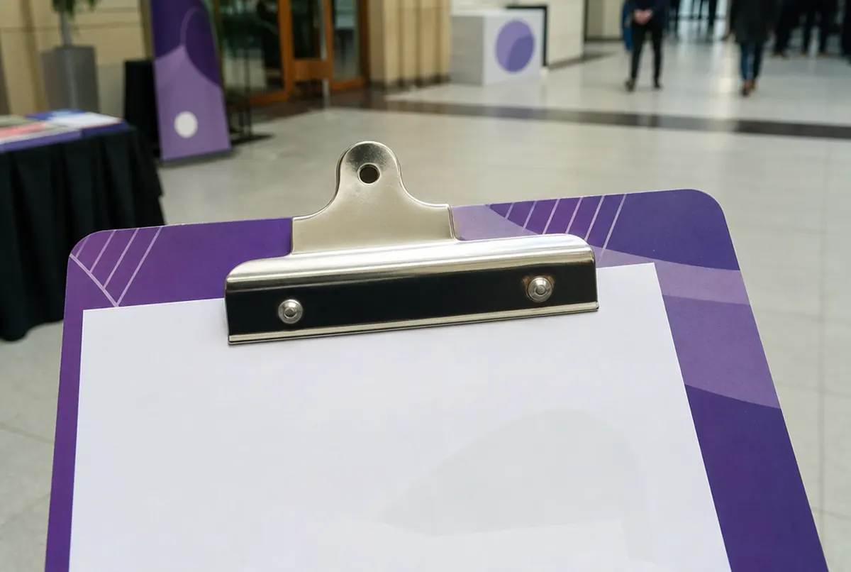 Close-up of the metal clip and rounded corners of a UV printed clipboard