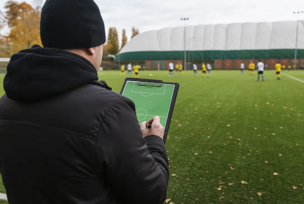 Coach at the pitch with a clipboard printed with a football pitch layout