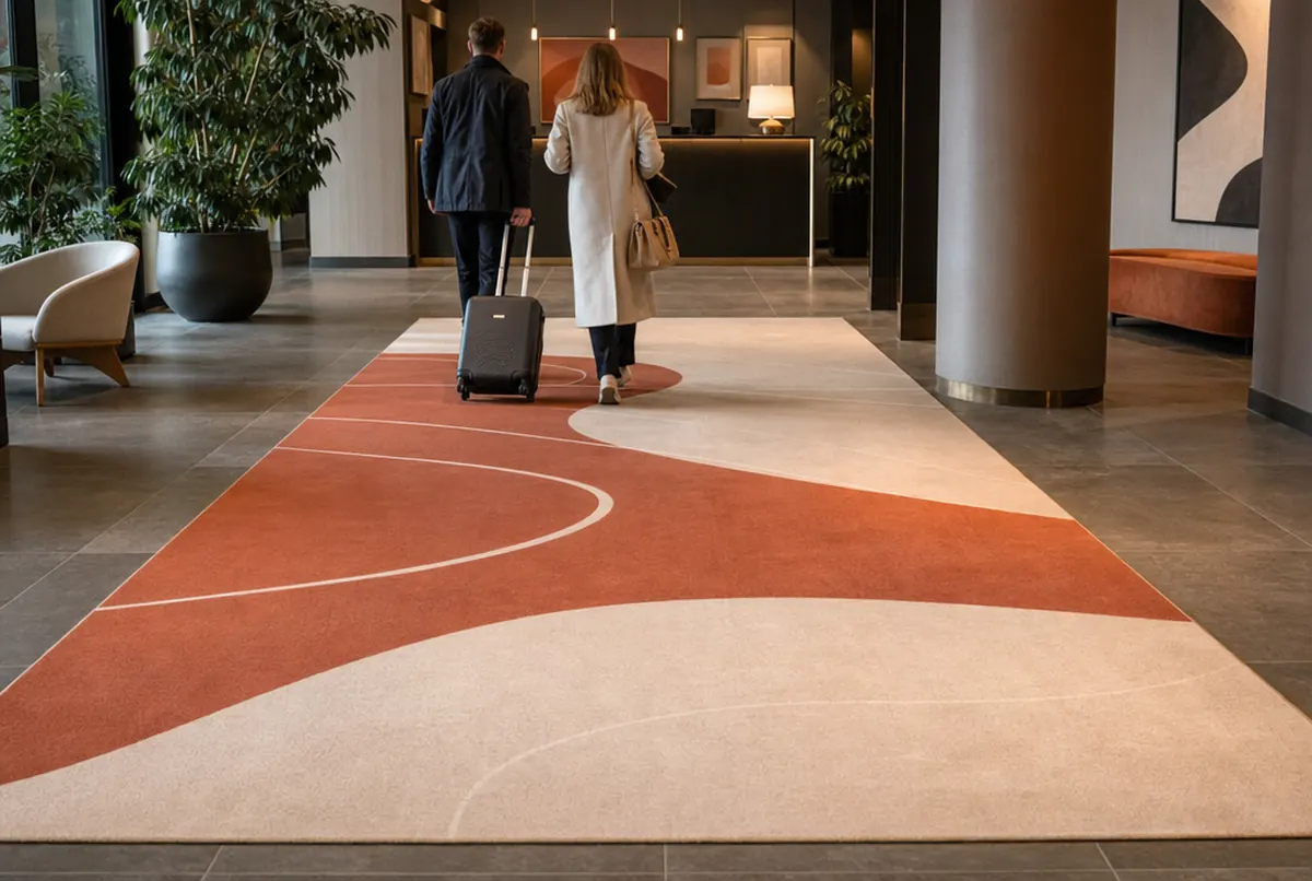 Alfombra impresa con ondas terracota en la entrada del vestíbulo de un hotel