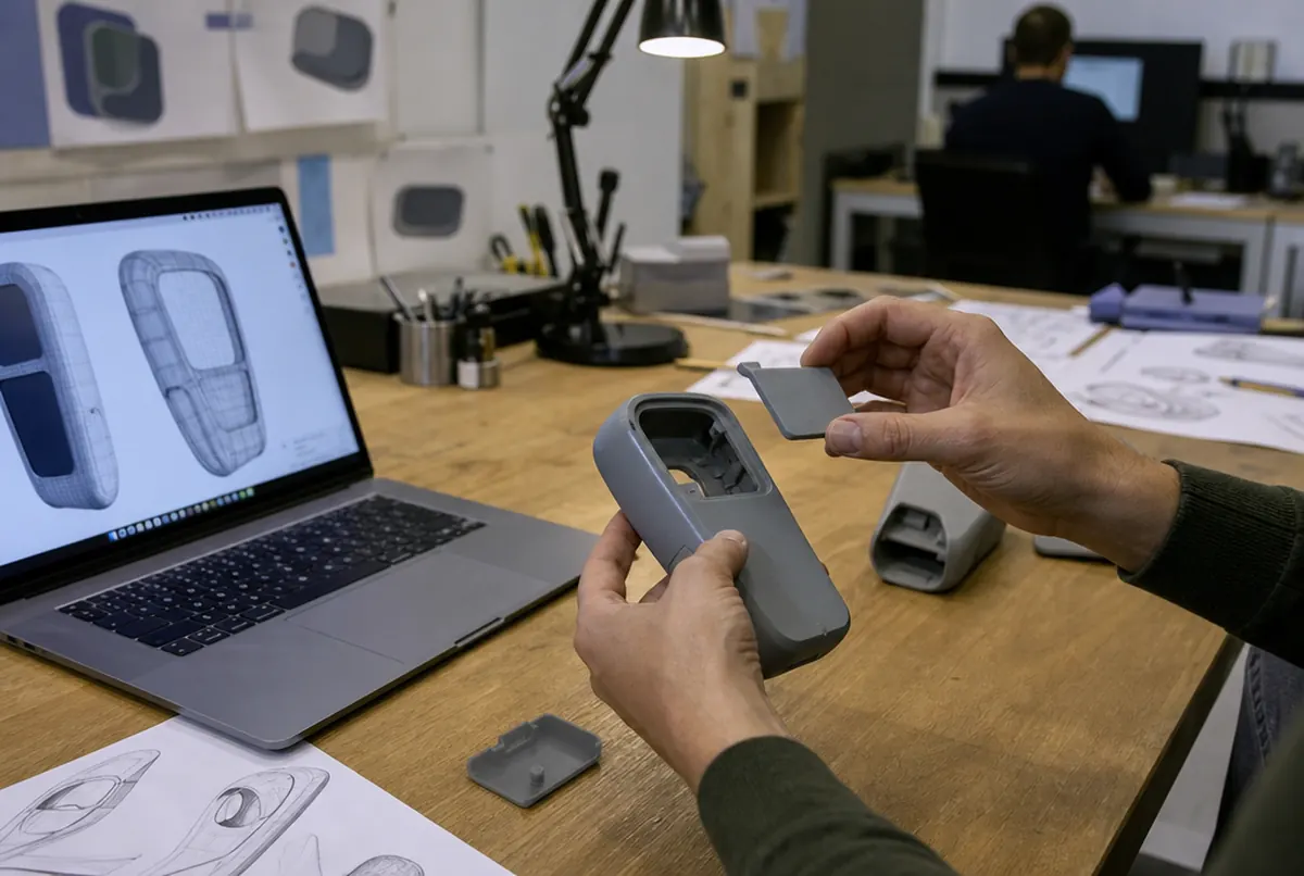 A 3D printed housing prototype being test-fitted by hand on a designer's desk