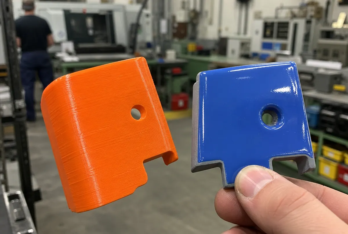 Close-up of FDM layer lines next to the same part sanded, primed and painted