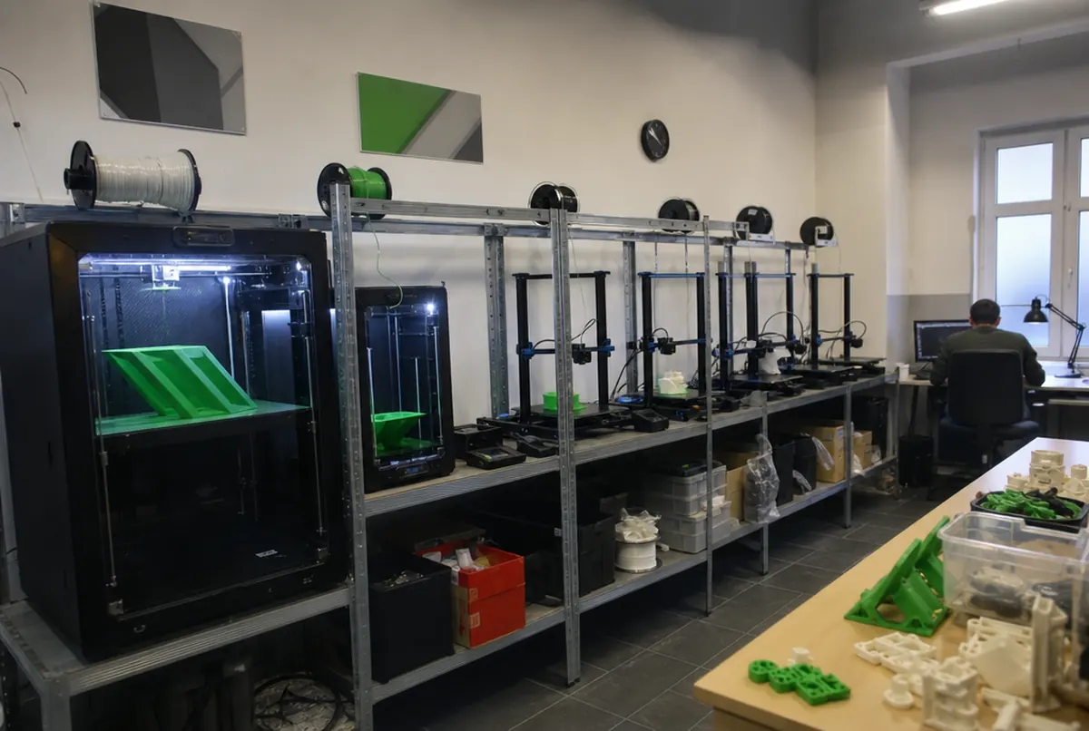 A 3D print farm with two large industrial machines printing parts