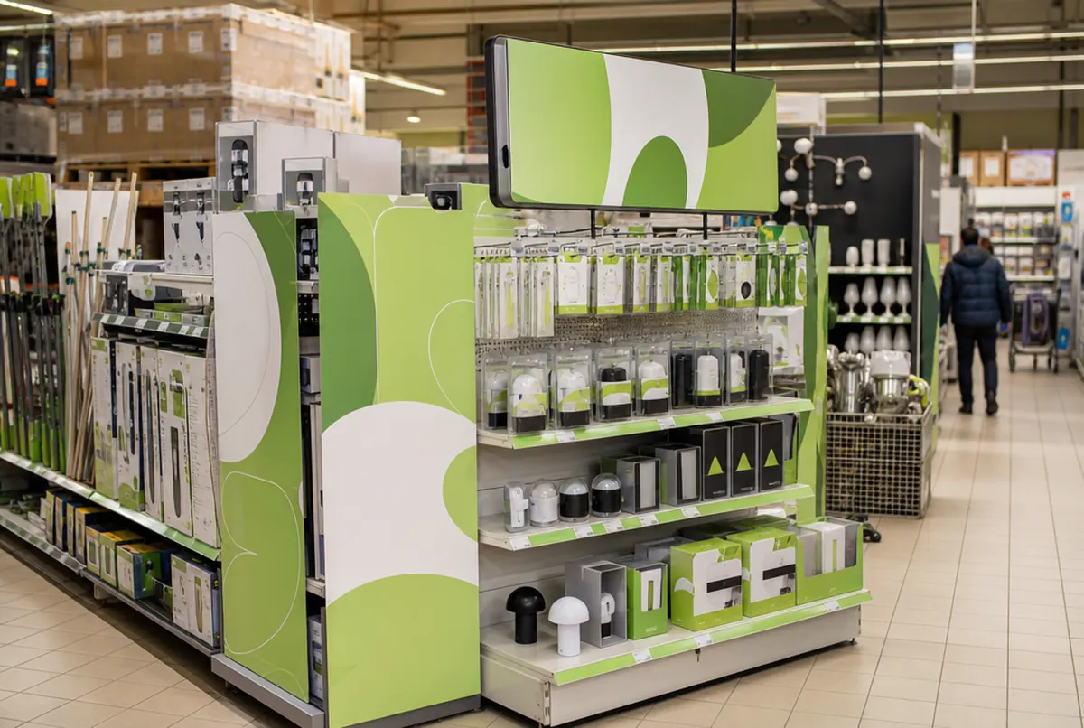 Ladendisplay aus bedruckten PVC- und Verbundplatten in Grün und Weiß