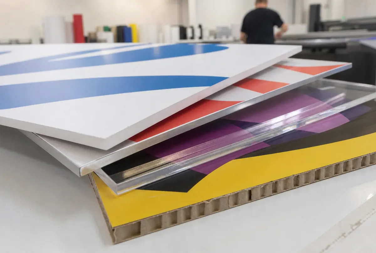 Aufgefächerte Plattenmuster: PVC, Alu-Verbund, Acryl und Wabenkarton