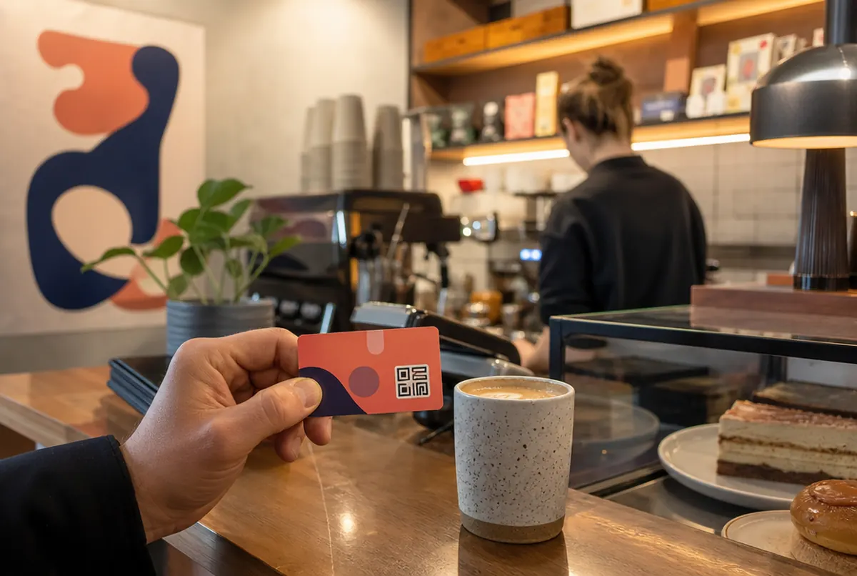 Tarjeta de fidelización con código único en la mano de un cliente