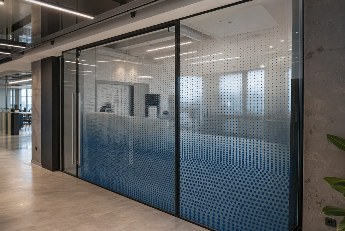 Glastrennwand in der Lobby mit UV-gedrucktem Punkteverlauf von Blau zu transparent
