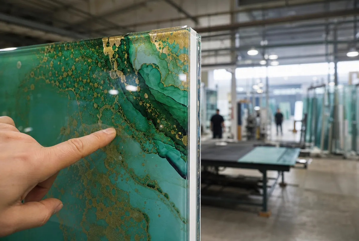 Kante einer dicken Glasscheibe, rückseitig bedruckt in Smaragdgrün mit Weißunterlage