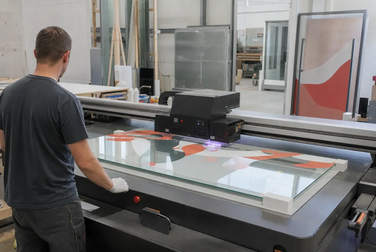 UV-Flachbettdrucker bedruckt eine Glasscheibe direkt, Bediener mit Handschuhen