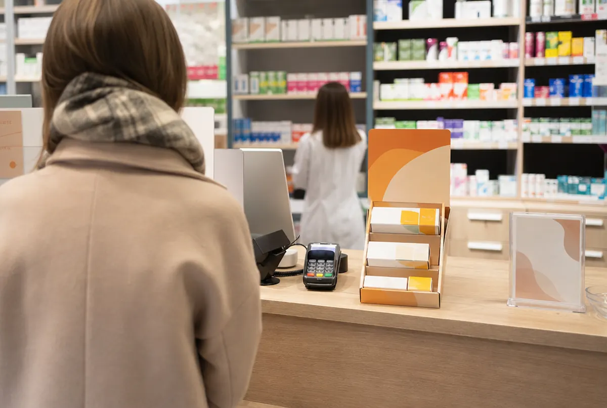 Thekendisplay aus Karton mit Fächern neben der Kasse in einer Apotheke
