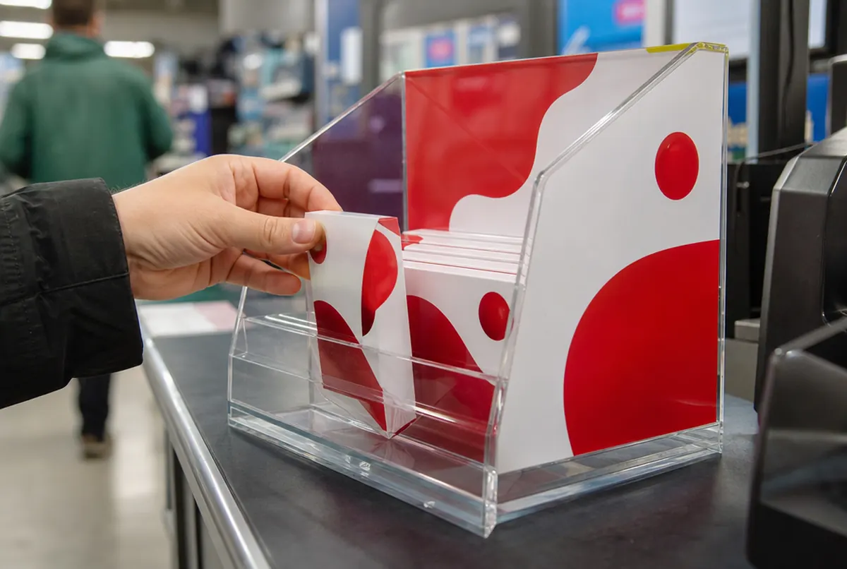 Nahaufnahme eines Acryldisplays: gebogene Kante, klare Klebenaht, UV-Druck mit Weißunterlegung