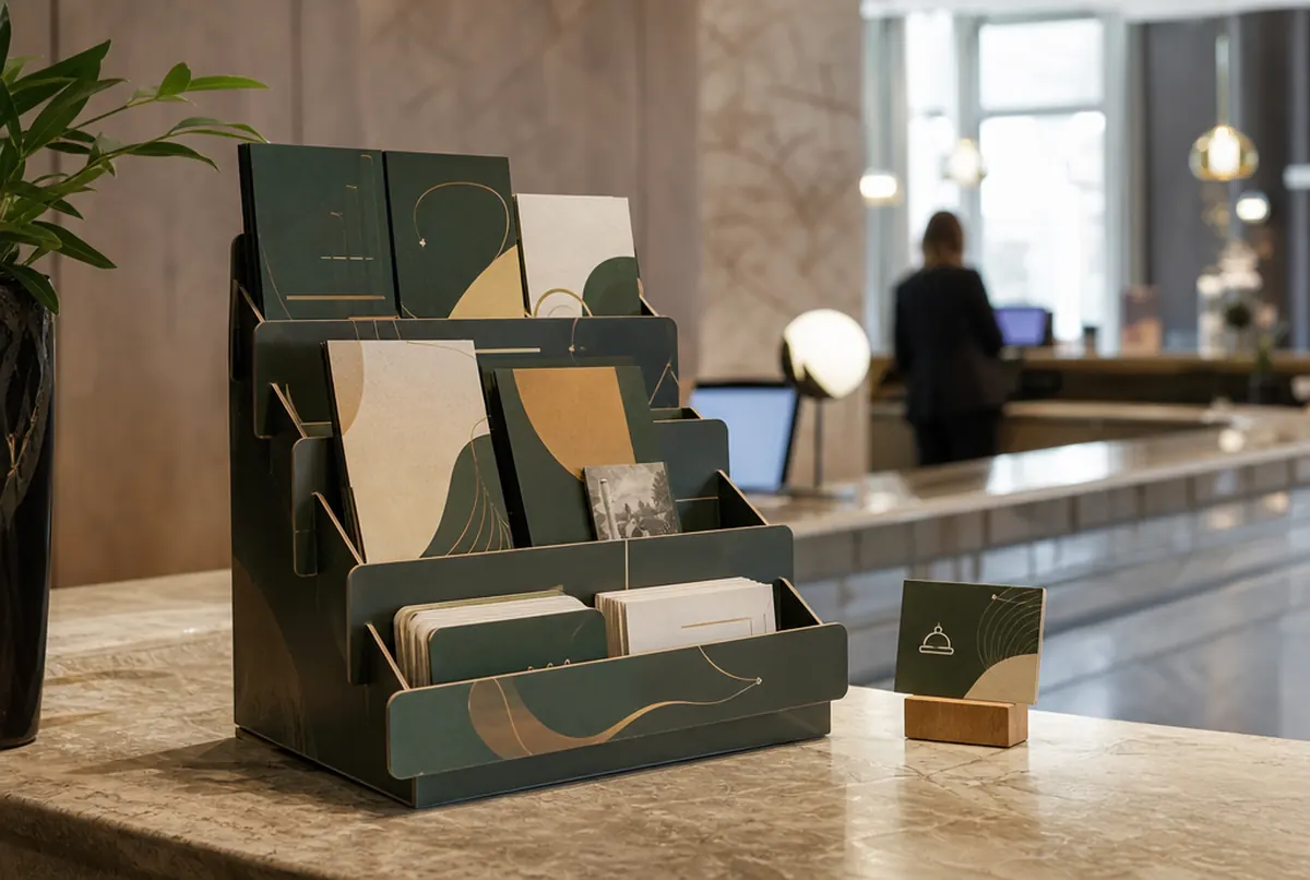 Thekendisplay mit Flyern und Geschenkkarten auf der Hotelrezeption