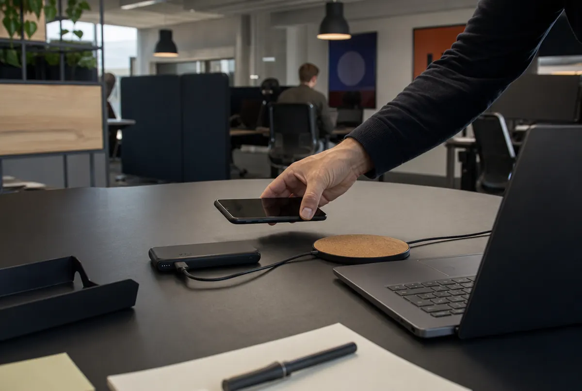 Batterie externe gravée chargeant un téléphone et chargeur à induction sur un bureau