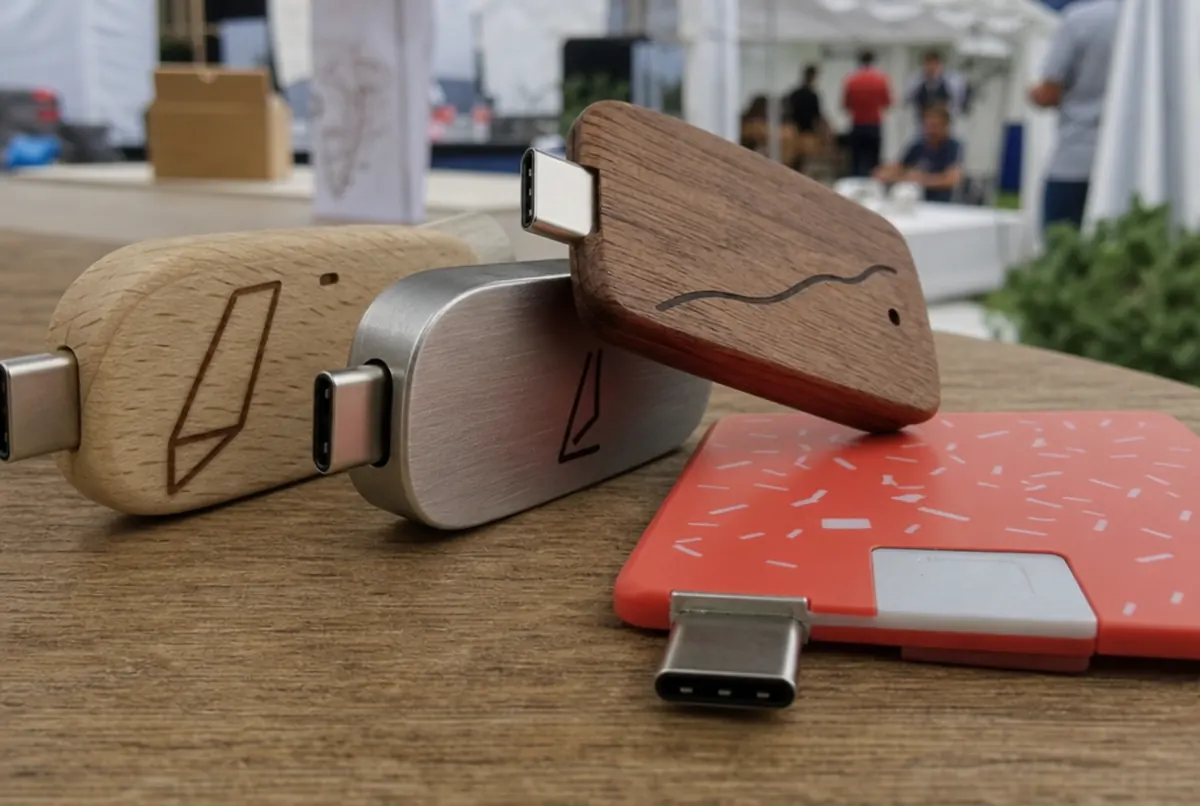 Gros plan de clés USB personnalisées en bois, en métal et au format carte
