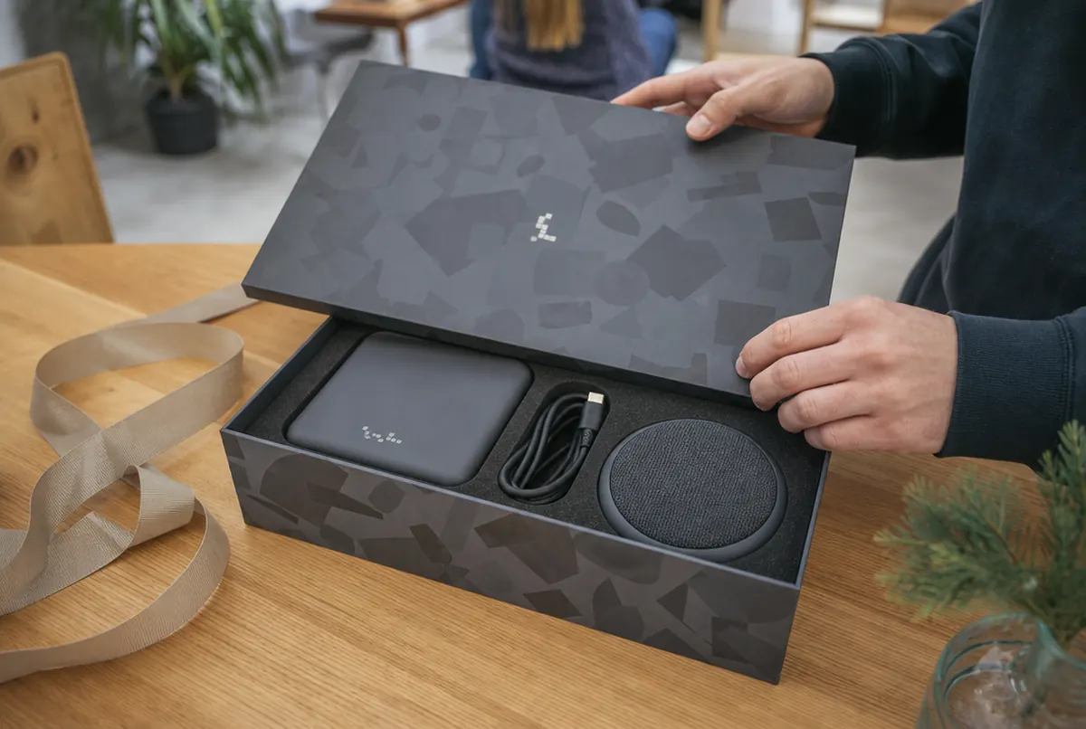 Coffret imprimé avec batterie externe, câble et enceinte dans une cale en mousse