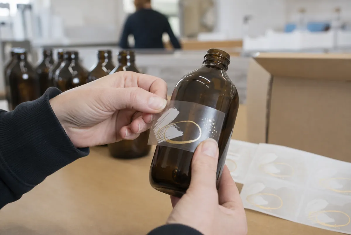 Gros plan : pose d'une étiquette transparente sur un flacon cosmétique