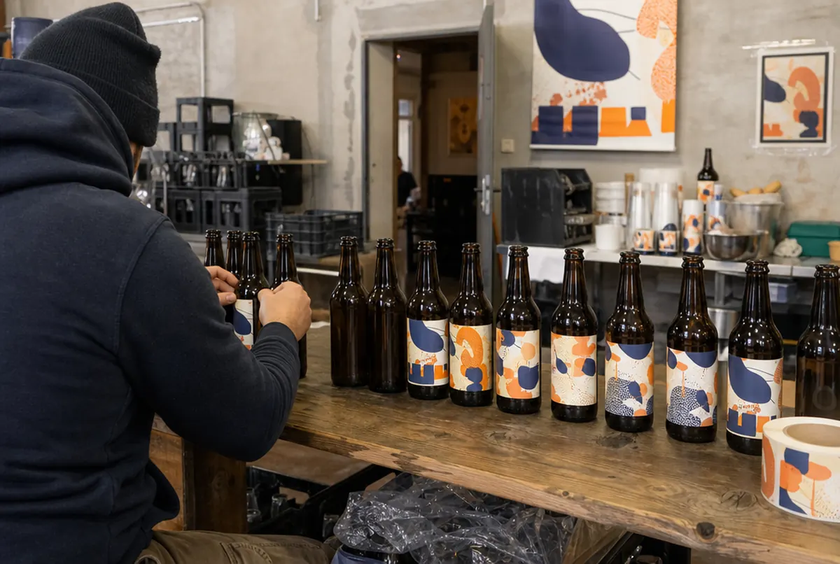 Bouteilles de bière artisanale étiquetées à la main dans une petite brasserie