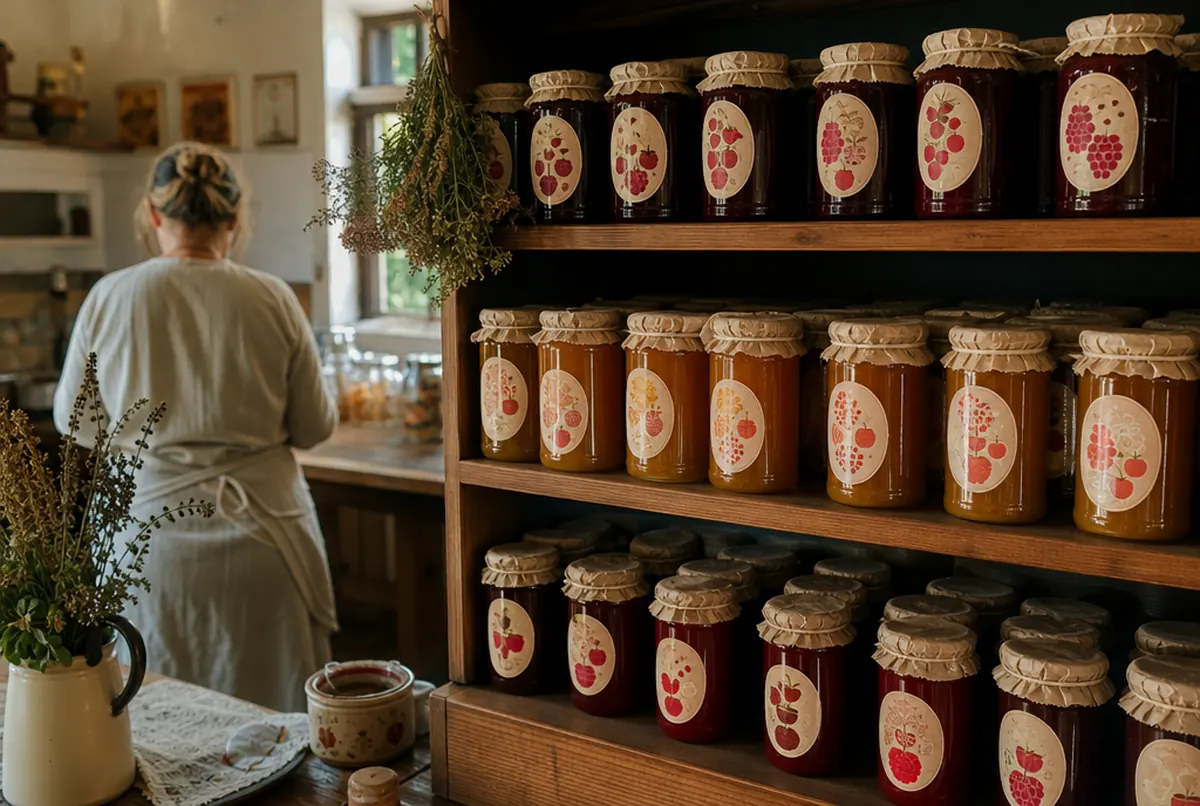 Pots de confiture et de miel avec étiquettes ovales sur une étagère d'artisan