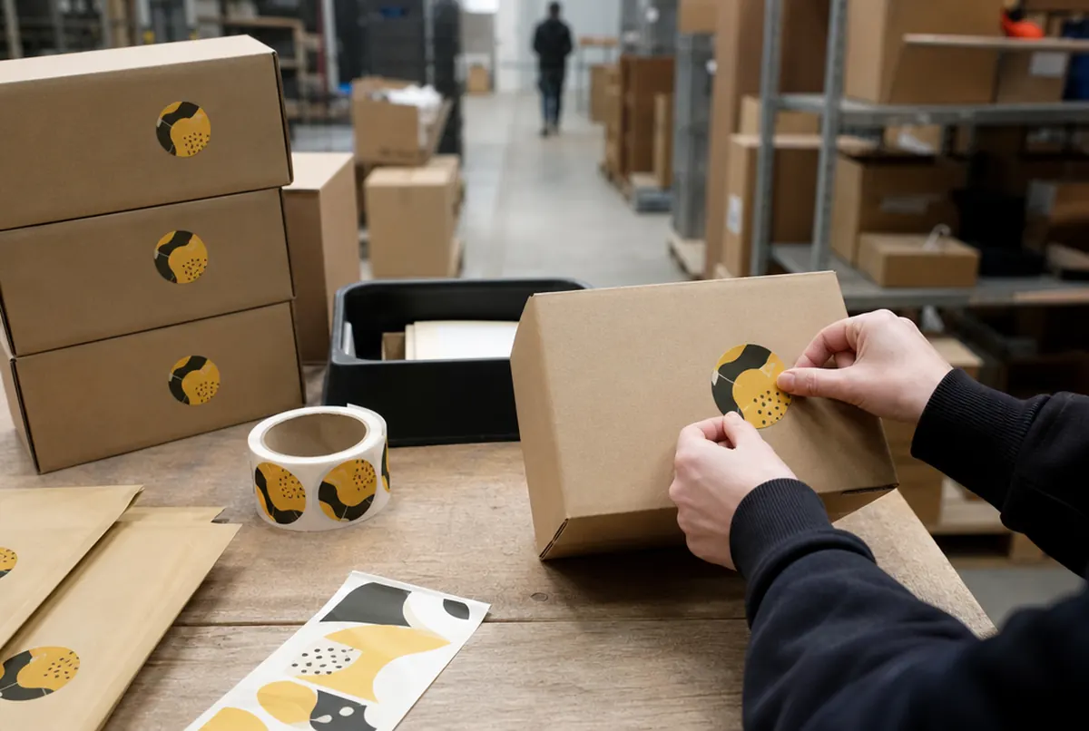 Des mains ferment un carton avec une étiquette ronde moutarde
