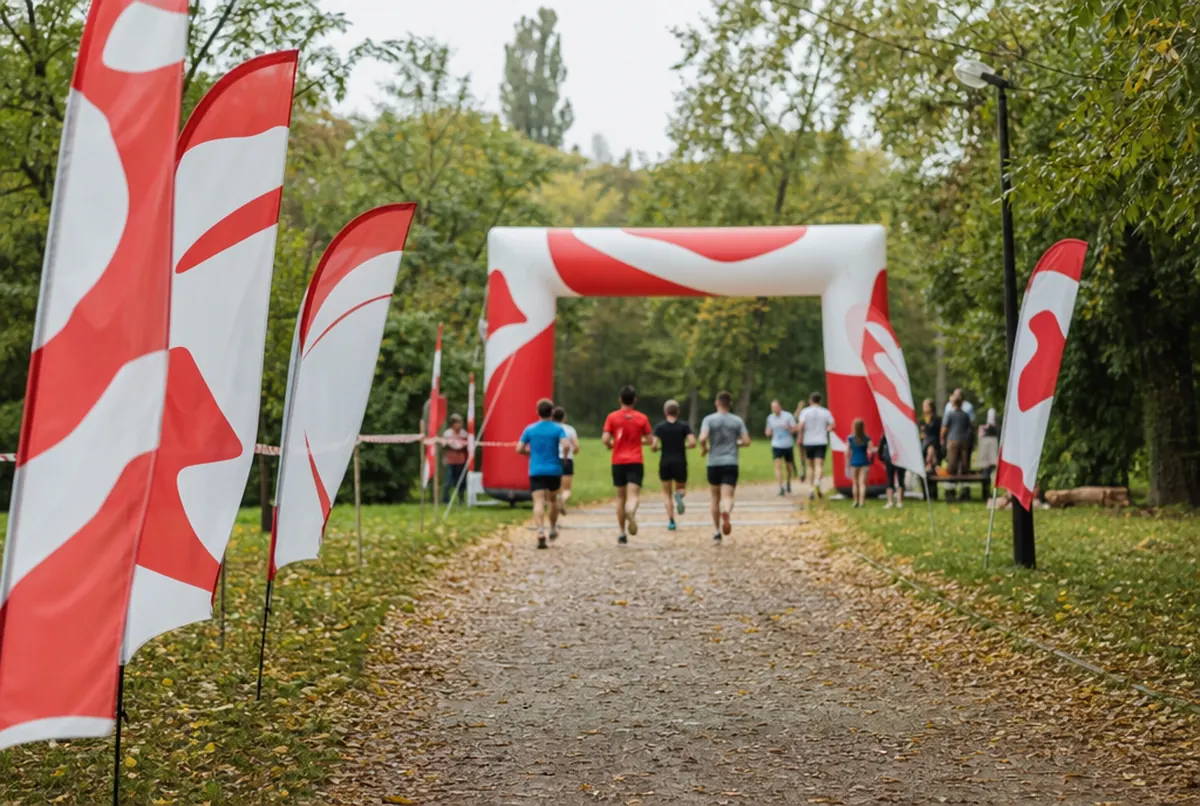 Sail-shaped beach flags lining the start and finish of a cross-country run