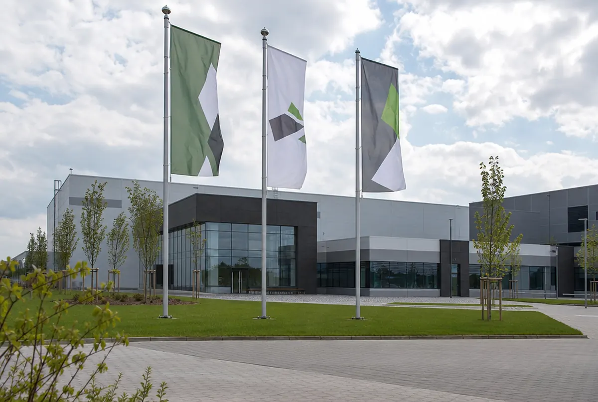Company flags on fixed flagpoles in front of an industrial company building