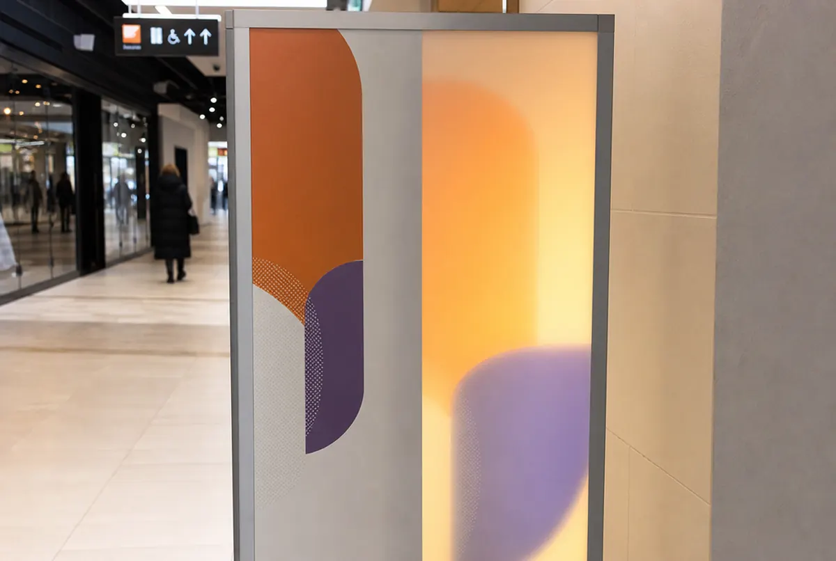 The same backlit film graphic by day and with the light on, milky acrylic at the edge