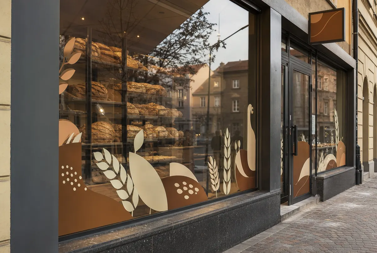 Escaparate de panadería con vinilo adhesivo marrón y crema por la mañana